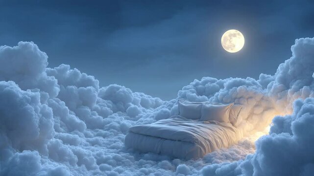Serene nighttime scene of a bed nestled amongst fluffy white clouds under a bright full moon. Soft, warm light emanates from beneath the bedding. Dark blue night sky provides a dramatic backdrop.