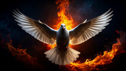 Obraz premium Pentecost Dove Fire Background – Holy Spirit Descending in Flames of Glory