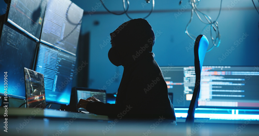 Poster Night, hacking and person with hoodie, computer and programming of cyber attack, screen and system. Mysterious, criminal and typing of scam for ransomware, anonymous and hacker with tech for phishing
