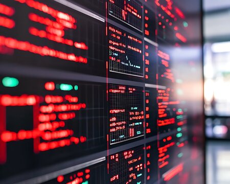 Wall of red data displays