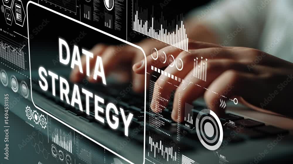 Poster Hands Typing on Keyboard with Data Strategy Displayed on Screen for Digital Marketing and Business Analysis Concepts. Asymptotic smart data analytic.
