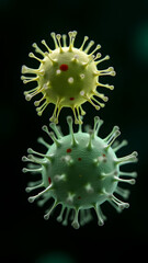 Flagellated coccus and membraned virus with gold-green glow in microscopic detail.