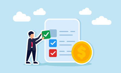 Businessman placing checkmark on task list document beside dollar coins representing business financial milestone or progress