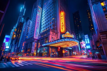 Nighttime cityscape with bright lights and fast moving traffic in a bustling urban environment