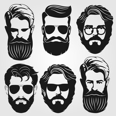 Set of vector bearded men faces hipsters. Fashion silhouette, emblem, icon, label. Vector illustration