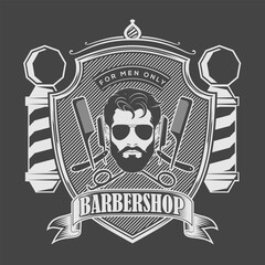 Barbershop logo, poster or banner design concept with barber pole and bearded men. Vector illustration	