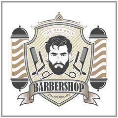 Barbershop logo, poster or banner design concept with barber pole and bearded men. Vector illustration	