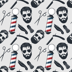 Barbershop seamless pattern with hipster face, barber pole, hairdressing scissors and razor. Vector illustration