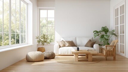 Bright minimalist living room with clean modern furniture and soft natural light, embodying serene Scandinavian simplicity.