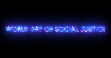 World Day of Social Justice text animation. World Day of Social Justice text background. Neon-colored Social Justice text for banner, social media, and Science. Easy to put into any video.