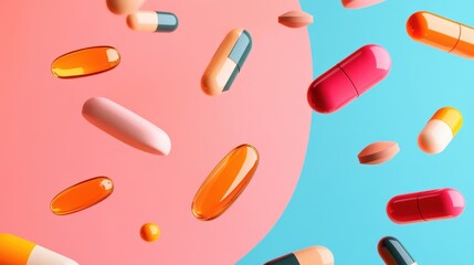 Colorful capsules and tablets falling against a pink and blue background.  A vibrant, stylized depiction of medication