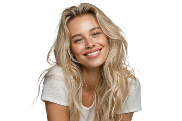 Naklejka premium PNG Smiling young caucasian female with long blonde hair in casual white shirt