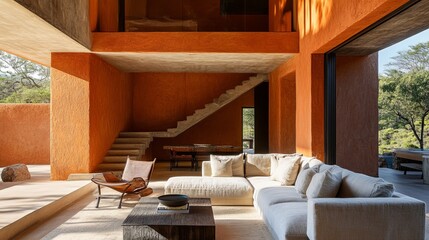 Modern, earthy-toned interior design with open-plan living area