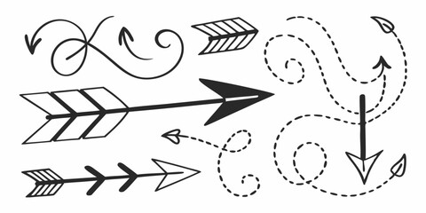 Hand-drawn vintage fish art set with decorative arrows, lines, and leaf patterns, perfect for a tattoo or logo design
