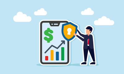 Businessman holding shield with keyhole beside smartphone showing dollar sign and rising chart illustration of financial protection insurance or guarantee