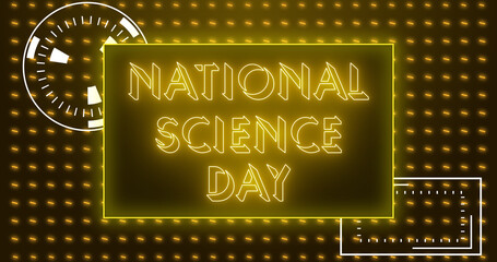 National Science Day text animation.National Science Day text background.Neon-colored Science Day text for banner, social media, Marketing, Sale, and Science.Easy to put into any video.