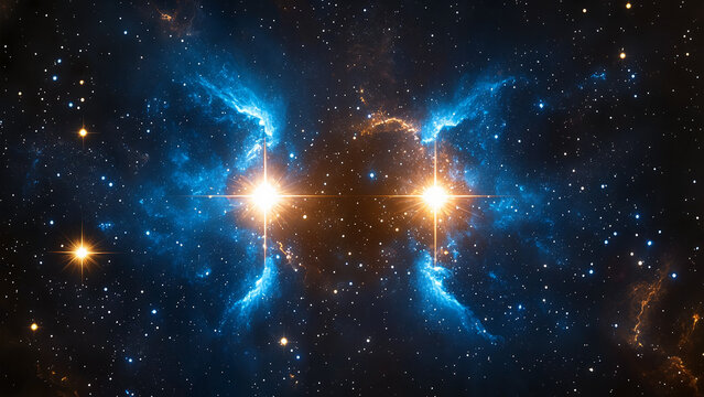 Gemini constellation visual, mirrored twin stars highlighted, deep space background, artistic nebula glow, for Twin flame journey programs, zodiac twin partnerships campaigns, esoteric apps 