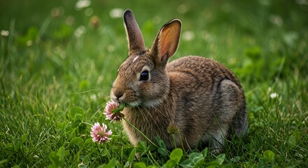 Fototapeta premium Adorable Bunny Rabbit Eating Clover in Lush Green Grass