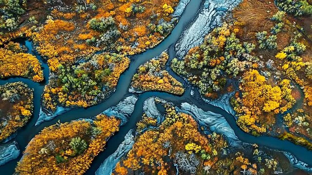 Autumn River Landscape: Aerial View of Meandering Waterways