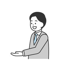 手を添えて説明する男性のイラスト　ベクター
