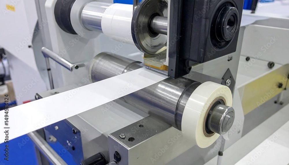 Poster label printing machine in industrial setting.