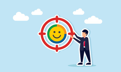 Businessman holding target icon with happy emoticon illustration of setting business market segmentation target