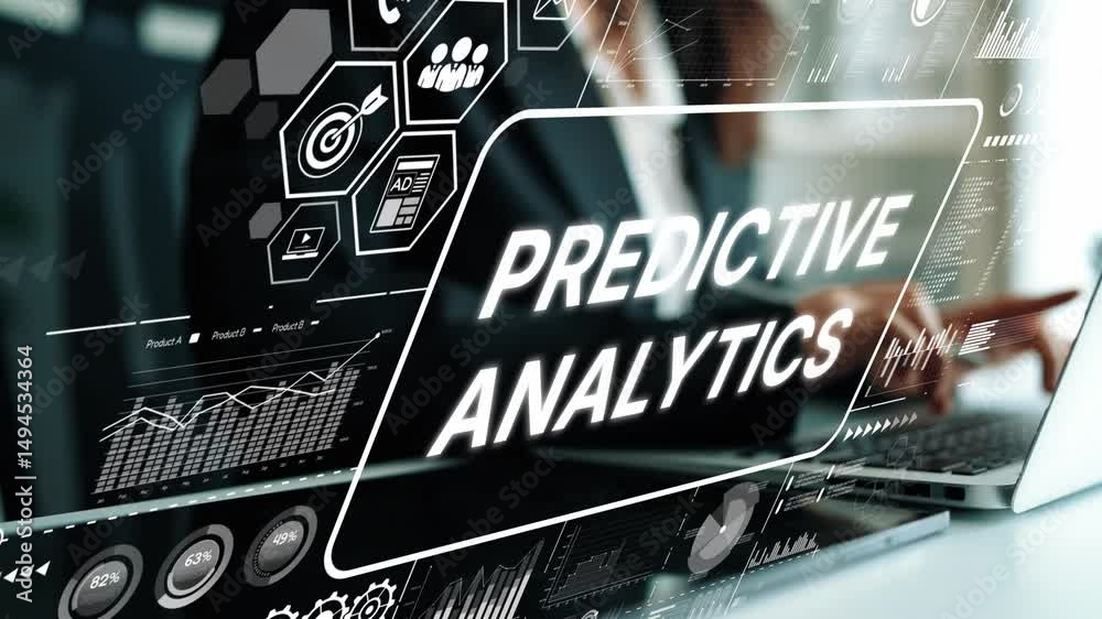 Poster business professional engaging with predictive analytics technology and data visualization on laptop
