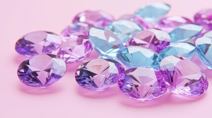 A cluster of faceted, pastel purple and blue gemstones rests on a pink surface, showcasing their brilliance and varied hues
