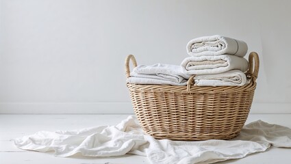 Woven basket with neatly folded towels resting on a white background in a cozy, minimalist setting