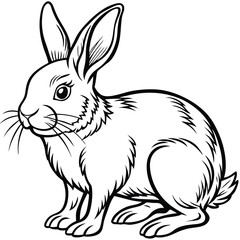Outlined Full Body of Sitting Rabbit with Long Ears and Detailed Fur