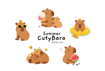 Set of cute summer capybaras in various poses and items. Hand drawn cartoon flat style. Vacation seasonal template for design, kids collection