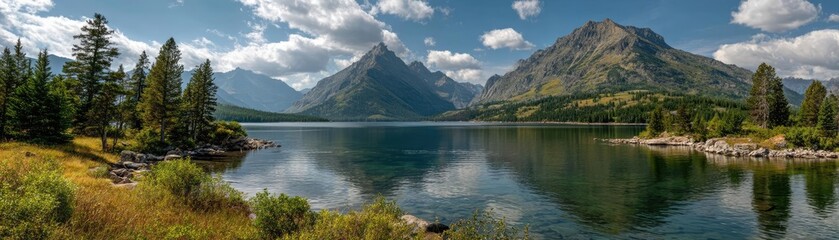 Scenic view of lake in pine forest near beautiful mountain concept. Scenic view of mountains reflecting on a calm lake under blue skies.