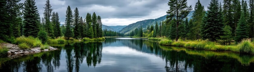 Naklejka premium Scenic view of lake in pine forest with water and mountain concept. Serene landscape with peaceful water and tall green trees.