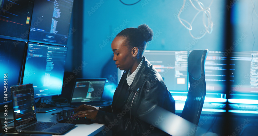 Aufkleber Black woman, typing and coding on computer at night for programming, cyber attack and online information. Person, pc and research for website phishing, data protection and server script for hacking
