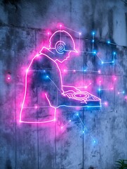 Neon sign of a dj playing music on a turntable. the sign is made up of a series of lines and dots in different colors, creating a neon-like effect.