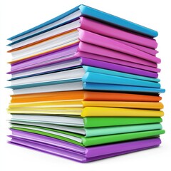 A tall stack of brightly colored books and binders, various sizes and hues, neatly arranged against a white background