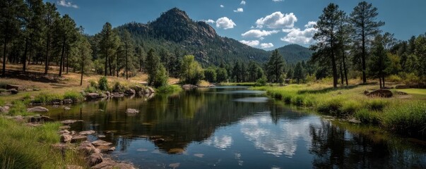 Scenic view of lake in pine forest near beautiful mountain concept. Serene mountain landscape reflecting in a calm river under blue sky.