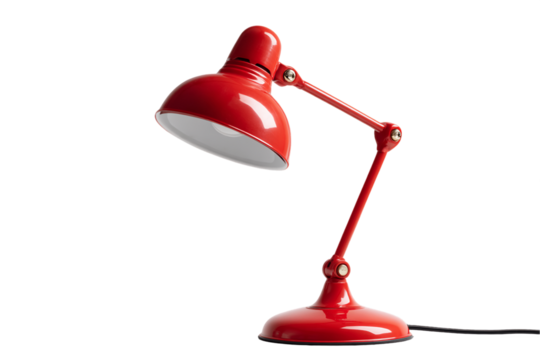 Red Metal Desk Lamp with Adjustable Arm on Transparent Background, PNG