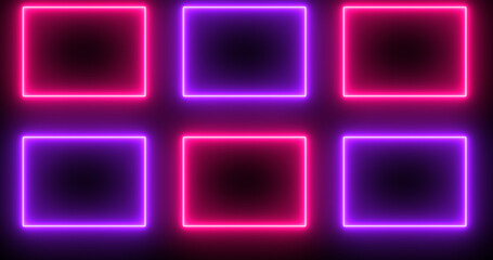 Neon glowing square shapes on dark BG. Cool animated square shapes for online shop, blog, web, advertisement, cafe, and hotel on a dark background.Technology video material animation. Easy to use.