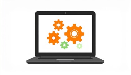 Laptop with gears on the screen. There are three gears on the laptop screen.