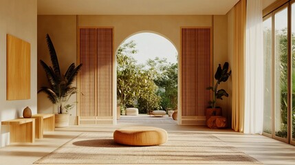 Tranquil, sunlit interior space with natural light and warm earthy tones