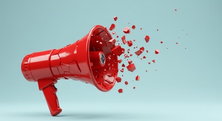 Shattered Announcement: A Megaphone's Demise - marketing concept. Broken megaphone symbolizes failed communication, message disruption, or obsolete methods. Red color, light blue background