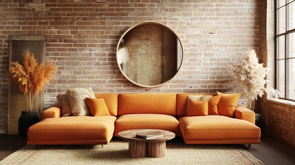 Modern urban living room, warm orange tones, brick wall, circular mirror