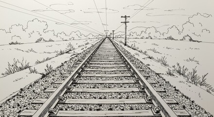 Sketch Perspective Railroad Tracks - Linear perspective drawing of railroad tracks vanishing into the horizon, symbolizing journey, endless possibilities, travel, adventure, and time