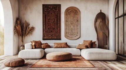 Rustic, earthy, neutral-toned living area with patterned textiles and natural elements
