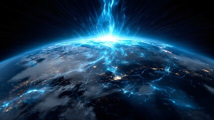 Obraz premium Planet surrounded by a vivid bright blue light emitting cosmic energy in the universe