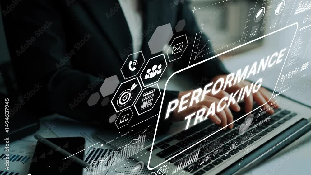 Poster Business Professional Engaged in Performance Tracking with Data Visualizations and Analytics Tools in a Modern Office Setting. Asymptotic smart data analytic.