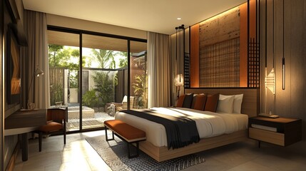 Modern bedroom with patio view, warm tones and natural light