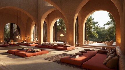 Serene, open-plan lounge with terracotta accents and arches. Lush views of the outdoors