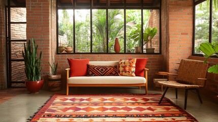 Cozy living room with vibrant textiles and natural light